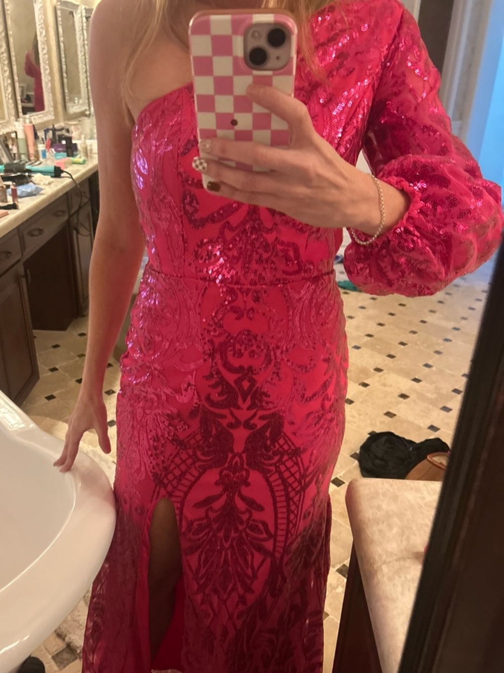 One-Shoulder Fuchsia Sequin Evening Dress with Side Slit